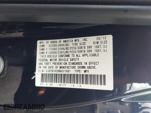 2011 Acura RDX with VIN 5J8TB1H28BA001687, listed as a IAAI auction lot 42468577 with 235,679 mi miles and . Bid and sale history available at DreamBid. Image 9.