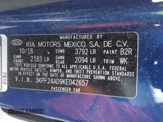 2019 Kia Forte LXS with VIN 3KPF24AD9KE042657, listed as a IAAI auction lot 41932787 with 53,221 mi miles and . Bid and sale history available at carsss.com. Image 9.