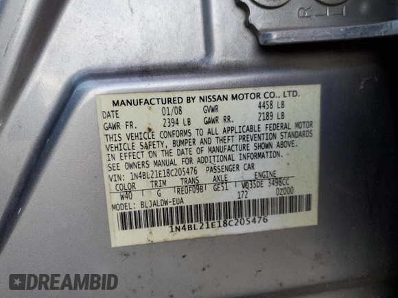 2008 Nissan Altima 3.5 SE with VIN 1N4BL21E18C205476, listed as a Copart auction lot 49514855 with 168,226 mi miles and Salvage Title. Bid and sale history available at carsss.com. Image 13.