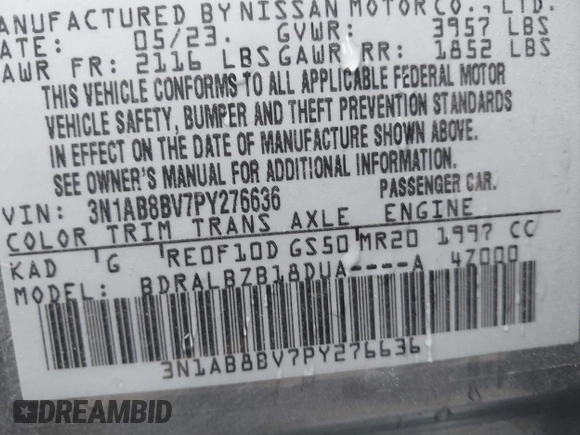 2023 Nissan Sentra S with VIN 3N1AB8BV7PY276636, listed as a IAAI auction lot 41113227 with 27,662 mi miles and . Bid and sale history available at DreamBid. Image 9.