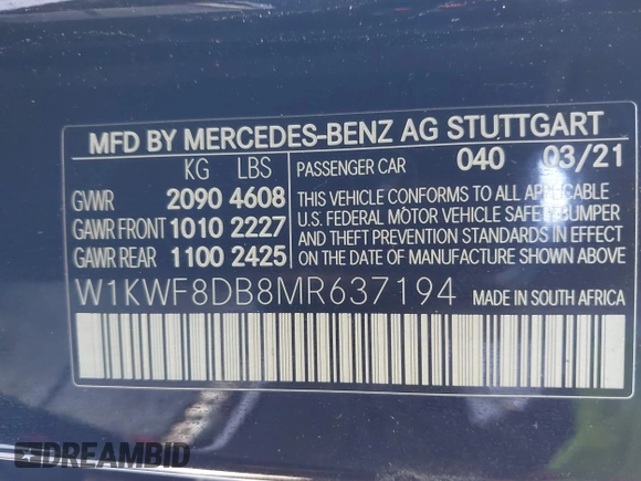 2021 Mercedes-Benz C 300 with VIN W1KWF8DB8MR637194, listed as a IAAI auction lot 41466736 with 71,340 mi miles and . Bid and sale history available at DreamBid. Image 9.