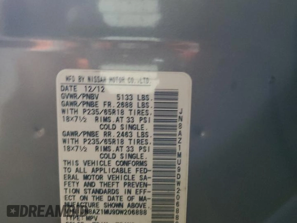 2013 Nissan Murano SL z VIN JN8AZ1MU9DW206888, wystawiony jako Copart lot #43975885 z przebiegiem 127 661 mil mil oraz Szkoda całkowita • Salvage title. Historia ofert i sprzedaży dostępna na DreamBid. Obrazek 13.