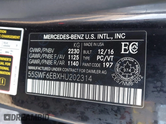 2017 Mercedes-Benz C 43 AMG with VIN 55SWF6EBXHU202314, listed as a IAAI auction lot 41402555 with 73,669 mi miles and . Bid and sale history available at DreamBid. Image 9.