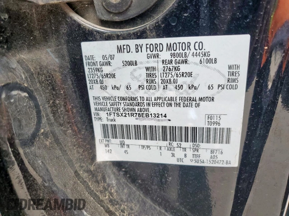 2008 Ford Super Duty F-250 SRW XL with VIN 1FTSX21R78EB13214, listed as a Copart auction lot 52151435 with 0 mi miles and Salvage Title. Bid and sale history available at carsss.com. Image 12.