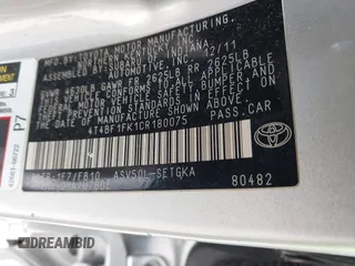 2012 Toyota Camry L with VIN 4T4BF1FK1CR180075, listed as a IAAI auction lot 41982174 with 203,644 mi miles. Bid and sale history available at carsss.com. Image 9.