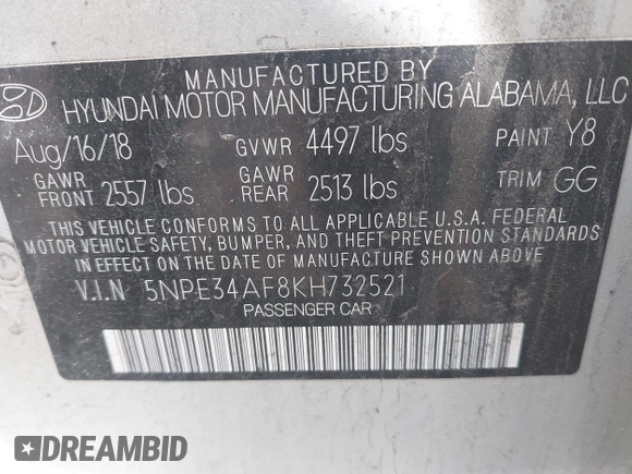 2019 Hyundai Sonata SEL with VIN 5NPE34AF8KH732521, listed as a IAAI auction lot 42016541 with 62,022 mi miles and . Bid and sale history available at DreamBid. Image 9.