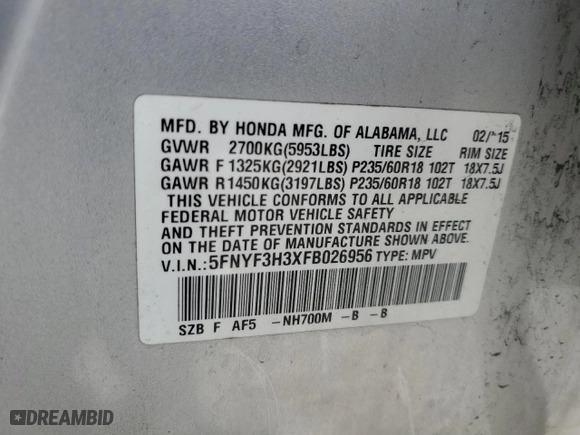2015 Honda Pilot SE with VIN 5FNYF3H3XFB026956, listed as a Copart auction lot 52788085 with 126,430 mi miles and Salvage Title. Bid and sale history available at carsss.com. Image 13.