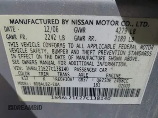 2007 Nissan Altima 2.5 with VIN 1N4AL21E27C138140, listed as a IAAI auction lot 42083098 with 189,799 mi miles. Bid and sale history available at carsss.com. Image 9.