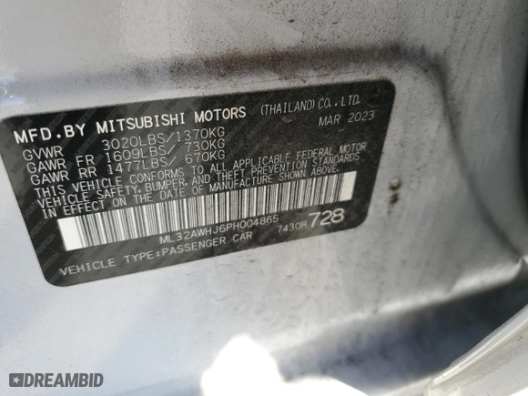 2023 Mitsubishi Mirage Black Edition with VIN ML32AWHJ6PH004865, listed as a Copart auction lot 48791185 with 11931 miles and Salvage Title. Bid and sale history available at carsss.com. Image 12.