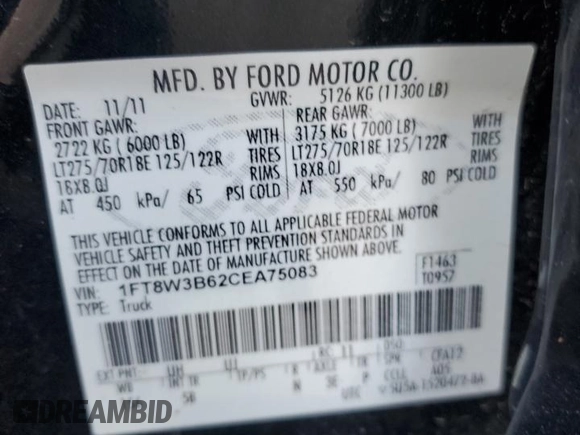 2012 Ford F-350 XL with VIN 1FT8W3B62CEA75083, listed as a Copart auction lot 74129604 with 99,096 mi miles and Salvage title. Bid and sale history available at DreamBid. Image 14.