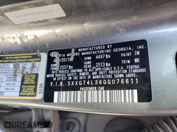 2016 Kia Optima LX with VIN 5XXGT4L36GG076611, listed as a Copart auction lot 50027415 with 150,762 mi miles and Salvage Title. Bid and sale history available at carsss.com. Image 12.