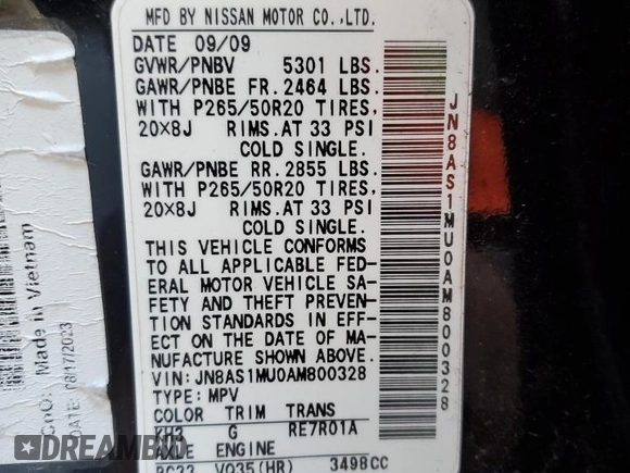 2010 Infiniti FX with VIN JN8AS1MU0AM800328, listed as a Copart auction lot 46993445 with 201,409 mi miles and Salvage title. Bid and sale history available at DreamBid. Image 13.