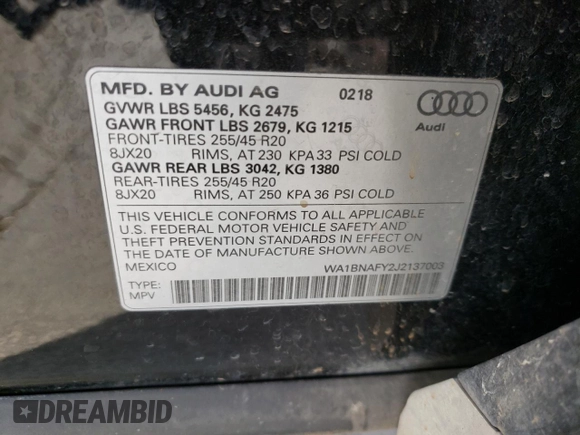 2018 Audi Q5 Premium Plus with VIN WA1BNAFY2J2137003, listed as a Copart auction lot 37217023 with 54,105 mi miles. Bid and sale history available at carsss.com. Image 14.