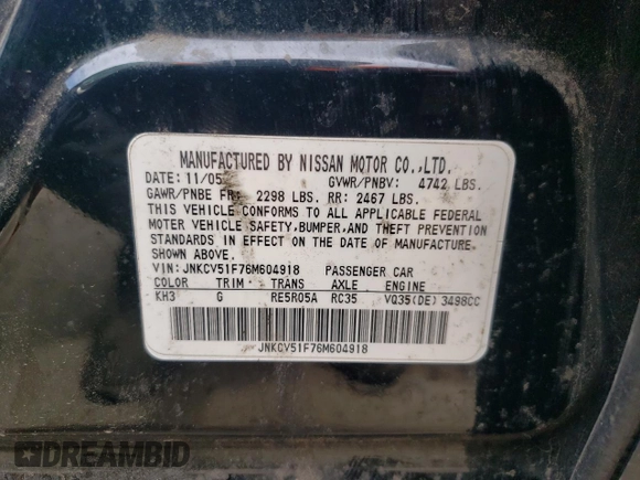 2006 Infiniti G35 with VIN JNKCV51F76M604918, listed as a Copart auction lot 53814264 with 132,414 mi miles and Salvage Title. Bid and sale history available at DreamBid. Image 13.