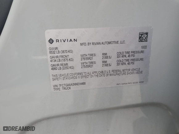 2022 Rivian R1T Adventure Package with VIN 7FCTGAAA0NN014488, listed as a Copart auction lot 51024514 with 18,721 mi miles and Salvage Title. Bid and sale history available at carsss.com. Image 12.