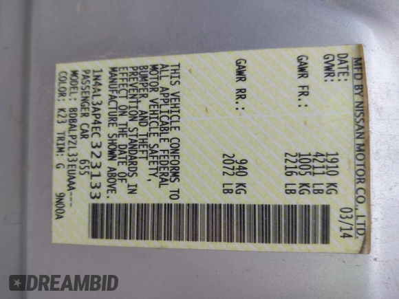2014 Nissan Altima S with VIN 1N4AL3AP4EC323133, listed as a IAAI auction lot 42159999 with 162,502 mi miles and . Bid and sale history available at DreamBid. Image 9.