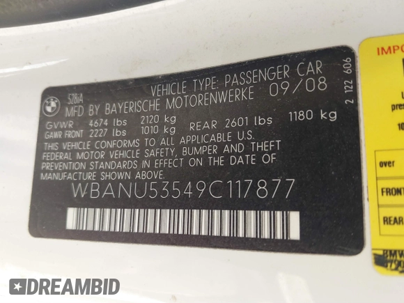 2009 BMW 5 Series 528i with VIN WBANU53549C117877, listed as a IAAI auction lot 41799090 with 191,675 mi miles and . Bid and sale history available at carsss.com. Image 9.