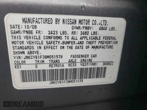 2009 Infiniti G37 Sedan x with VIN JNKCV61F39M051579, listed as a Copart auction lot 51493645 with 0 mi miles and Salvage Title. Bid and sale history available at carsss.com. Image 12.