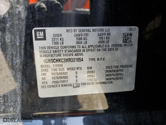2017 Chevrolet Suburban LT with VIN 1GNSCHKC3HR331854, listed as a Copart auction lot 50998945 with 138,158 mi miles and Salvage Title. Bid and sale history available at carsss.com. Image 14.
