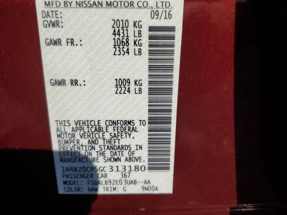 2016 Nissan LEAF S with VIN 1N4BZ0CP5GC313180, listed as a Copart auction lot 68863813 with 31,583 mi miles. Bid and sale history available at carsss.com. Image 12.