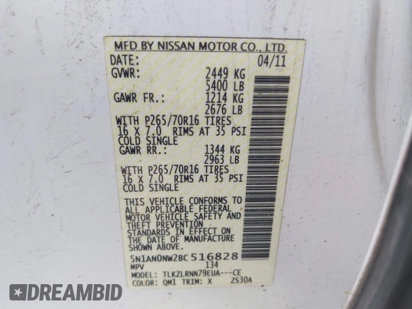 2011 Nissan Xterra S with VIN 5N1AN0NW2BC516828, listed as a IAAI auction lot 42251064 with 212,470 mi miles and . Bid and sale history available at DreamBid. Image 9.