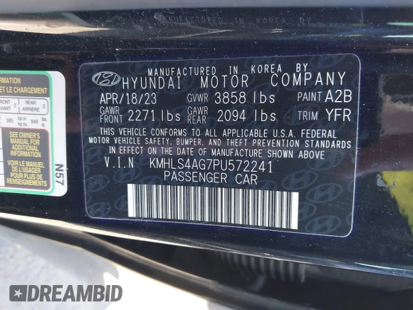 2023 Hyundai Elantra SEL with VIN KMHLS4AG7PU572241, listed as a IAAI auction lot 41489854 with 34,327 mi miles and . Bid and sale history available at DreamBid. Image 9.