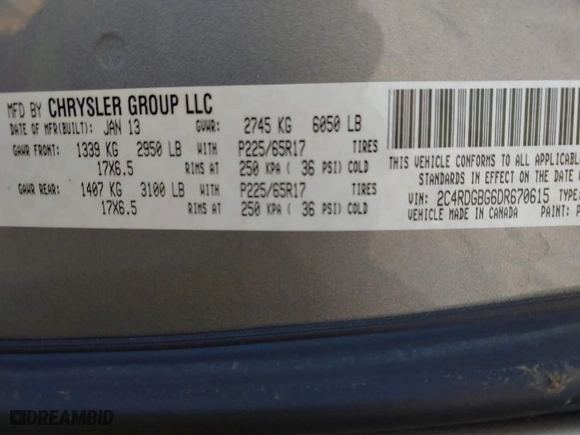 2013 Dodge Grand Caravan SXT with VIN 2C4RDGBG6DR670615, listed as a IAAI auction lot 41455367 with NaN miles. Bid and sale history available at carsss.com. Image 9.