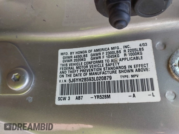 2003 Honda Element EX с VIN 5J6YH28593L020879, выставлен на аукционе IAAI как лот 42467276 с пробегом 159 163 миль миль и . История ставок и продаж доступна на DreamBid. Изображение 9.