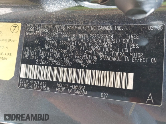 2005 Lexus RX 330 with VIN 2T2GA31U75C029907, listed as a IAAI auction lot 42163478 with 184,787 mi miles and . Bid and sale history available at DreamBid. Image 9.