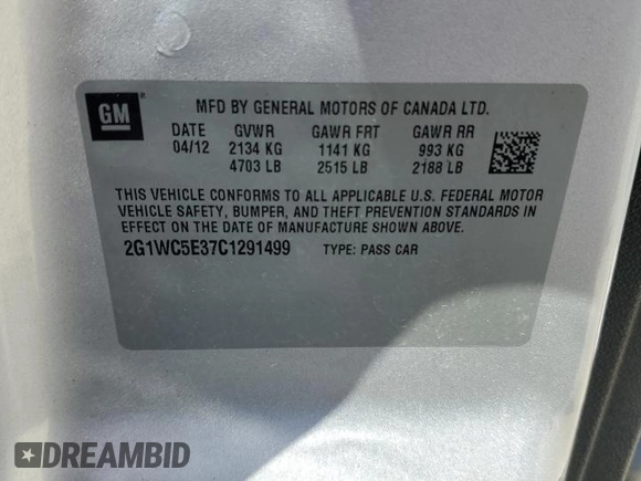 2012 Chevrolet Impala LTZ with VIN 2G1WC5E37C1291499, listed as a Copart auction lot 50063664 with 173,454 mi miles and Salvage Title. Bid and sale history available at DreamBid. Image 12.