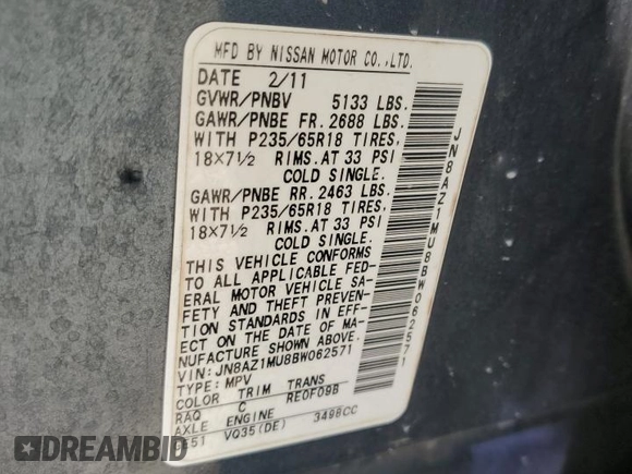 2011 Nissan Murano LE with VIN JN8AZ1MU8BW062571, listed as a Copart auction lot 52699275 with 121,016 mi miles and Salvage Title. Bid and sale history available at carsss.com. Image 13.