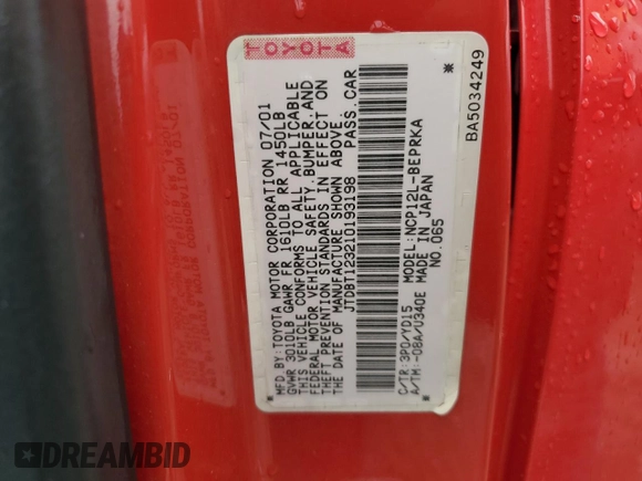2001 Toyota ECHO z VIN JTDBT123210193198, wystawiony jako Copart lot #55949435 z przebiegiem 258 852 mil mil oraz Szkoda całkowita • Salvage title. Historia ofert i sprzedaży dostępna na DreamBid. Obrazek 12.