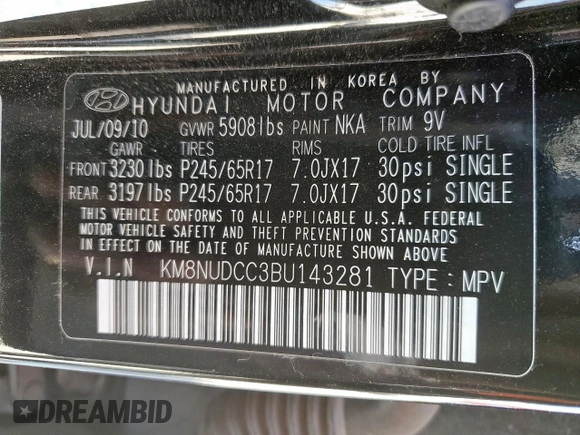 2011 Hyundai Veracruz GLS z VIN KM8NUDCC3BU143281, wystawiony jako Copart lot #50250975 z przebiegiem 189 112 mil mil oraz Szkoda całkowita • Salvage title. Historia ofert i sprzedaży dostępna na DreamBid. Obrazek 15.