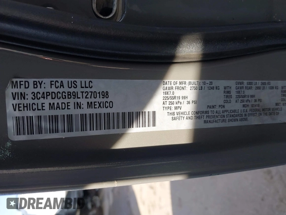 2020 Dodge Journey Crossroad with VIN 3C4PDCGB9LT270198, listed as a IAAI auction lot 41650297 with 95,676 mi miles and . Bid and sale history available at DreamBid. Image 9.