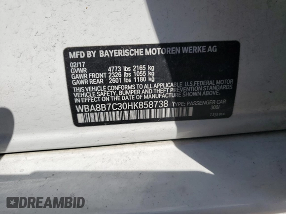 2017 BMW 3 Series 340i xDrive with VIN WBA8B7C30HK858738, listed as a Copart auction lot 53578294 with 73,881 mi miles and Salvage Title. Bid and sale history available at carsss.com. Image 12.