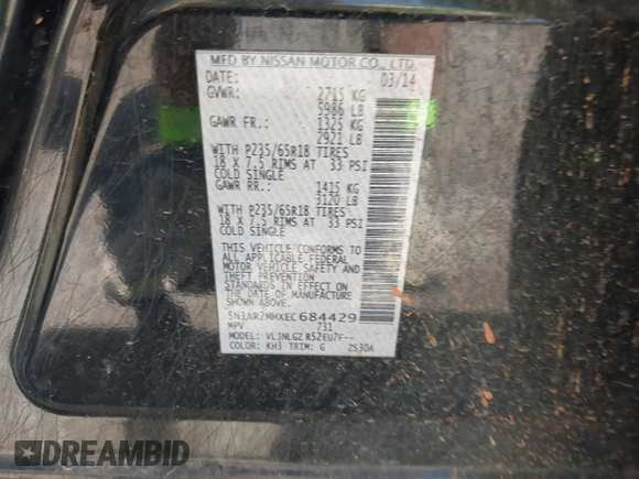 2014 Nissan Pathfinder SV z VIN 5N1AR2MMXEC684429, wystawiony jako IAAI lot #42233673 z przebiegiem 135 593 mil mil oraz . Historia ofert i sprzedaży dostępna na DreamBid. Obrazek 9.