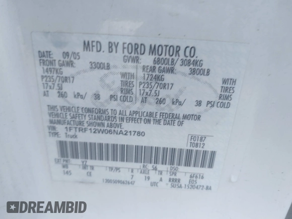 2006 Ford F-150 XL with VIN 1FTRF12W06NA21780, listed as a IAAI auction lot 41695433 with 395,355 mi miles and . Bid and sale history available at DreamBid. Image 9.