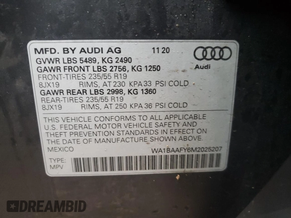 2021 Audi Q5 Premium Plus with VIN WA1BAAFY6M2025207, listed as a Copart auction lot 71050522 with 25,831 mi miles and . Bid and sale history available at DreamBid. Image 13.