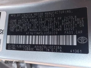 2020 Toyota Camry SE z VIN 4T1G11AK5LU350329, wystawiony jako IAAI lot #41617963 z przebiegiem 75 980 mil mil oraz . Historia ofert i sprzedaży dostępna na DreamBid. Obrazek 9.