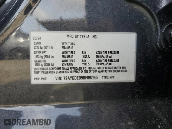 2024 Tesla Model Y с VIN 7SAYGDED9RF092955, выставлен на аукционе Copart как лот 51114245 с пробегом 6 385 миль миль и Списание • Salvage title. История ставок и продаж доступна на DreamBid. Изображение 12.