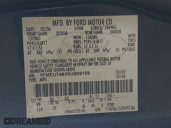 2006 Ford Explorer Eddie Bauer z VIN 1FMEU748X6UB09159, wystawiony jako IAAI lot #41951982 z przebiegiem 209 730 mil mil oraz . Historia ofert i sprzedaży dostępna na DreamBid. Obrazek 9.