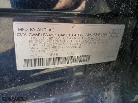 2008 Audi A4 2.0T with VIN WAUDF78E38A159722, listed as a Copart auction lot 73666484 with 181,162 mi miles and Clean Title. Bid and sale history available at carsss.com. Image 13.