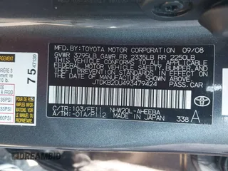 2009 Toyota Prius with VIN JTDKB20U493479424, listed as a IAAI auction lot 41604031 with 162,016 mi miles. Bid and sale history available at carsss.com. Image 9.