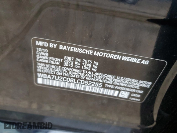 2020 BMW 7 Series 750i xDrive with VIN WBA7U2C08LCD52255, listed as a Copart auction lot 48948745 with 71,030 mi miles and Salvage Title. Bid and sale history available at carsss.com. Image 12.