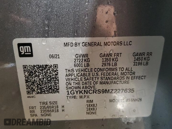 2021 Cadillac XT5 FWD Premium Luxury with VIN 1GYKNCRS9MZ227635, listed as a Copart auction lot 43366645 with 37,338 mi miles and Salvage Title. Bid and sale history available at carsss.com. Image 14.