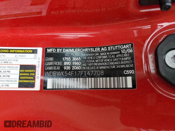 2007 Mercedes-Benz SLK 280 with VIN WDBWK54F17F147708, listed as a Copart auction lot 55885305 with 164,934 mi miles and Clean Title. Bid and sale history available at DreamBid. Image 12.