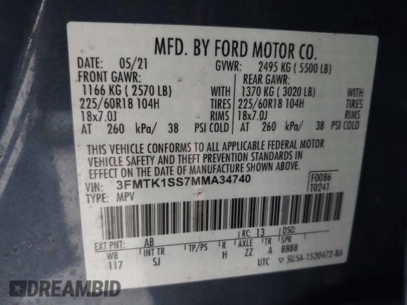 2021 Ford Mustang Mach-E Select with VIN 3FMTK1SS7MMA34740, listed as a IAAI auction lot 41896322 with 55,753 mi miles and . Bid and sale history available at DreamBid. Image 9.