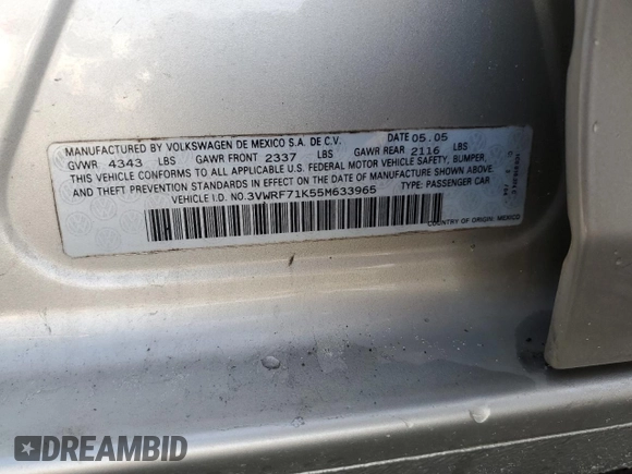 2005 Volkswagen Jetta 2.5L with VIN 3VWRF71K55M633965, listed as a Copart auction lot 58065205 with 131,424 mi miles and Salvage title. Bid and sale history available at DreamBid. Image 12.
