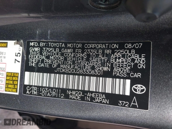 2008 Toyota Prius with VIN JTDKB20U283308301, listed as a IAAI auction lot 41616429 with 160,726 mi miles. Bid and sale history available at carsss.com. Image 9.