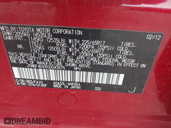 2012 Toyota RAV4 с VIN JTMBF4DVXCD043875, выставлен на аукционе IAAI как лот 42559092 с пробегом 151 114 миль миль и . История ставок и продаж доступна на DreamBid. Изображение 9.